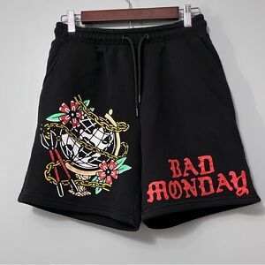 Bad Monday Sweat Shorts with Tattoo Graphics and Logo